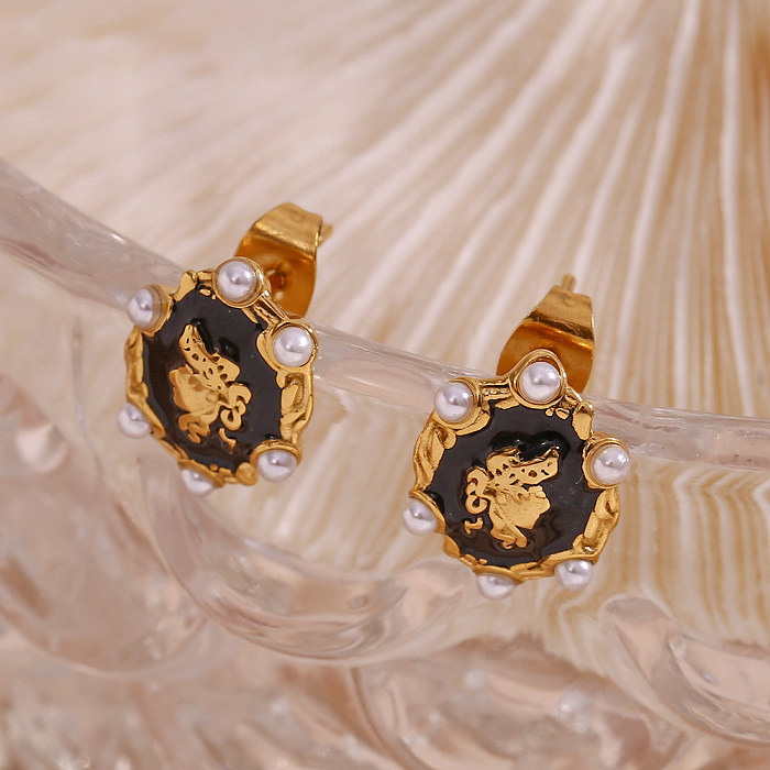 Pendientes chapados en oro de 1K con incrustaciones de perlas artificiales, retrato de estilo francés, estilo Vintage, 18 par