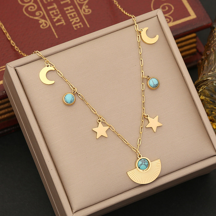 Vintage Style Commute Four Leaf Clover Eye Flower Stainless Steel  Plating Inlay Turquoise Zircon Pendant Necklace
