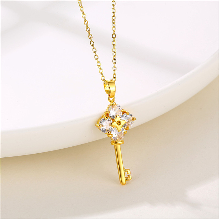 1 Piece Fashion Four Leaf Clover Butterfly Key Stainless Steel  Stainless Steel Inlay Zircon Pendant Necklace