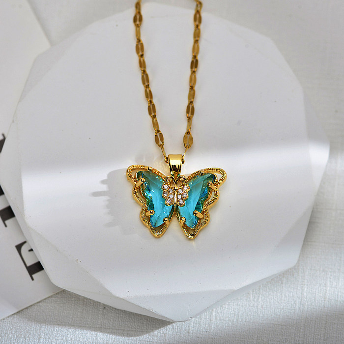 Sweet Butterfly Stainless Steel Copper Inlay Zircon Pendant Necklace