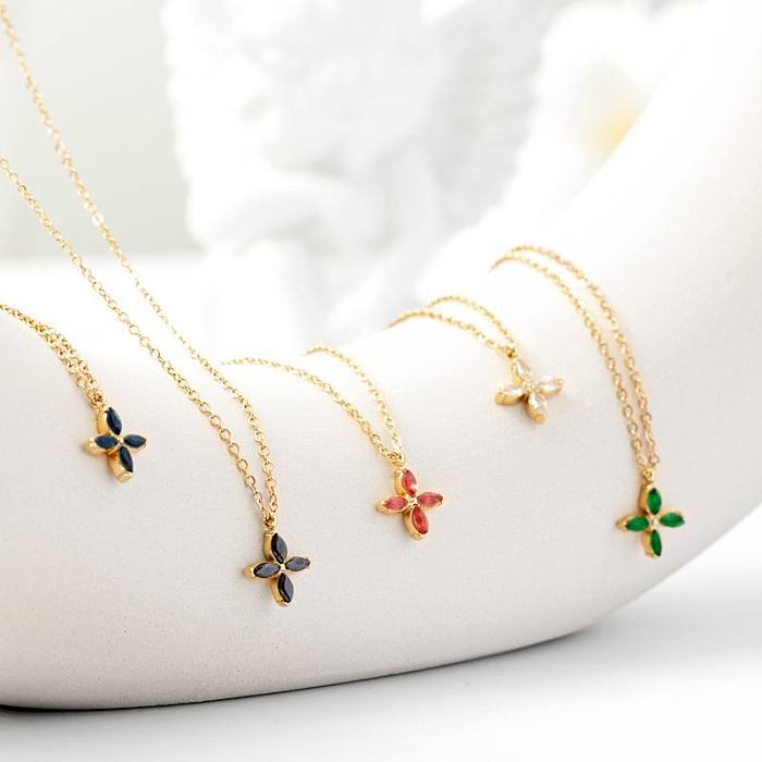 Women'S Fashion Simple Style Four Leaf Clover Stainless Steel Artificial Gemstones Necklace Plating Stainless Steel  Necklaces