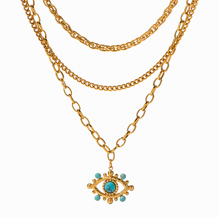 Schlichte Teufelsauge-Halskette mit Edelstahl-Beschichtung, türkisfarbener 18-karätiger Vergoldung, dreilagige Halskette