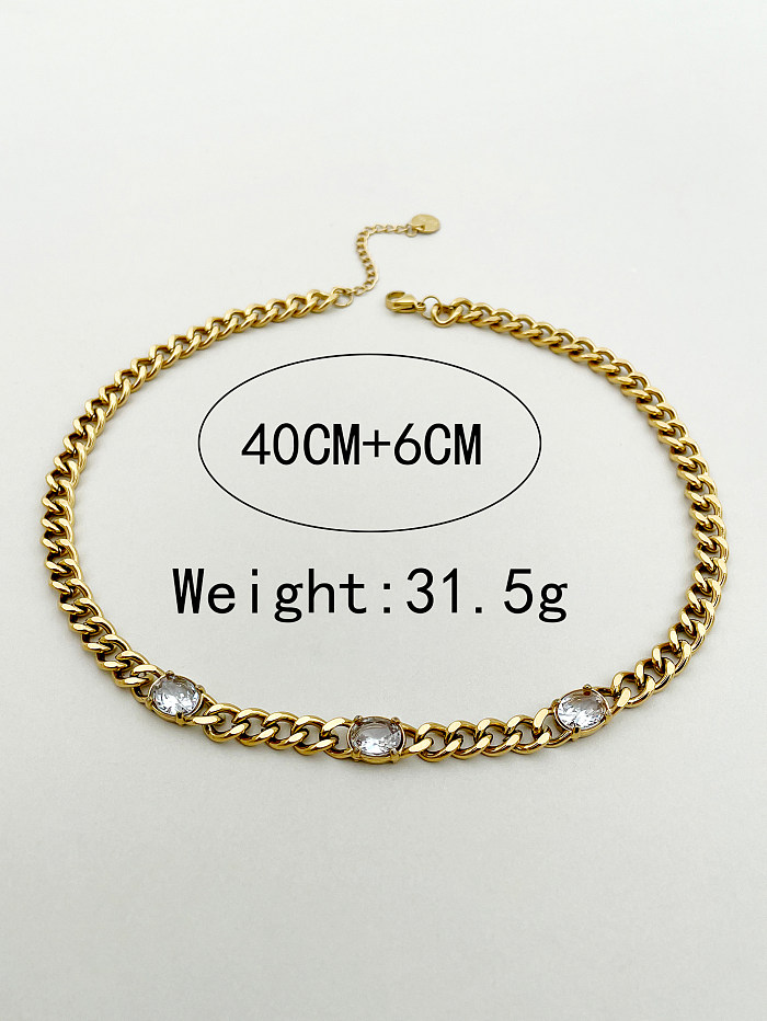 Collar chapado en oro de circón con incrustaciones de pulido de acero inoxidable ovalado de estilo sencillo