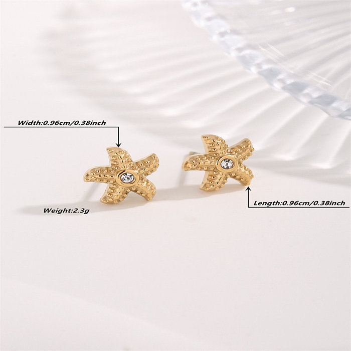 1 Pair Casual Hawaiian Tropical Starfish Inlay Stainless Steel Zircon Gold Plated Ear Studs