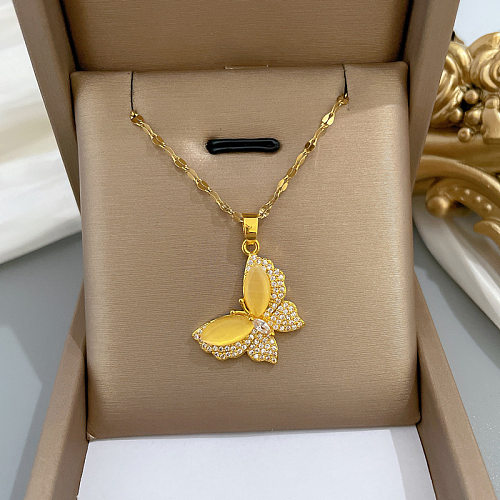 Fashion Butterfly Stainless Steel Copper Plating Inlay Zircon Pendant Necklace
