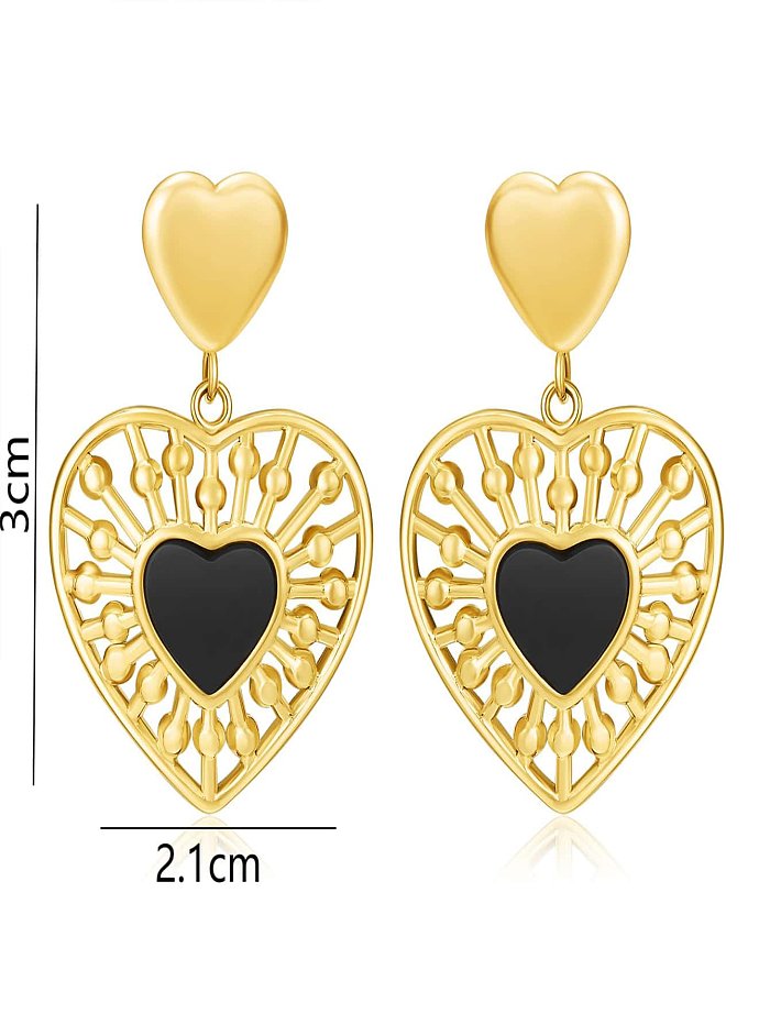 1 par de pendientes colgantes chapados en oro de 18 quilates con incrustaciones de obsidiana de acero inoxidable y forma de corazón de estilo simple