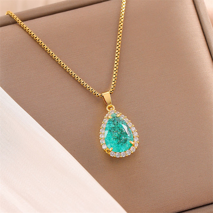 Sweet Round Oval Heart Shape Stainless Steel  Plating Inlay Artificial Diamond 18K Gold Plated Pendant Necklace