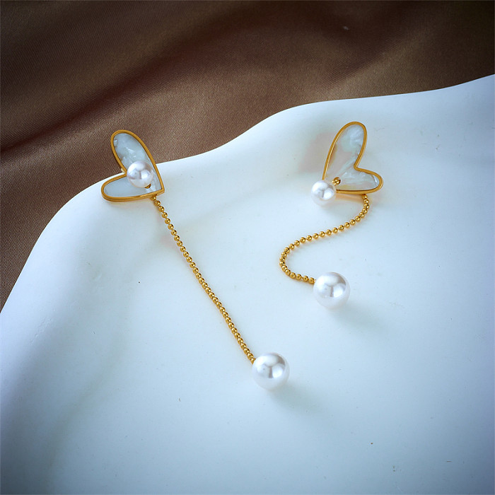 Boucles d'oreilles pendantes élégantes en forme de cœur, placage en acier inoxydable, perles artificielles, coquille, 1 paire
