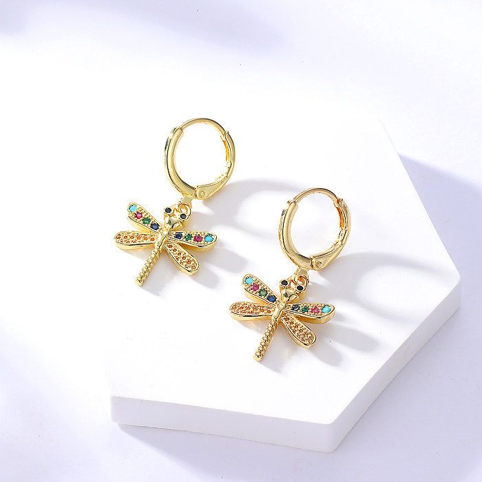 Brincos de libélula com zircão colorido banhado a ouro 18K geométrico da moda