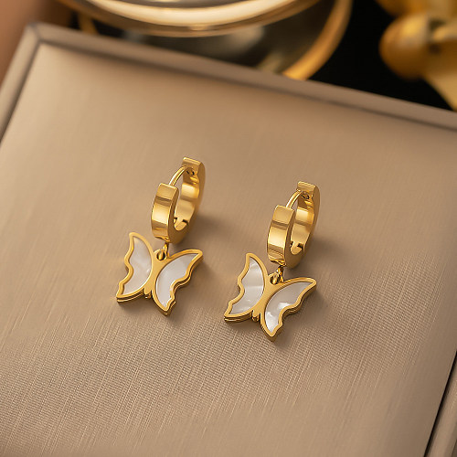 1 paire de boucles d'oreilles plaquées papillon en acier inoxydable, Style Simple, plaqué or 18 carats