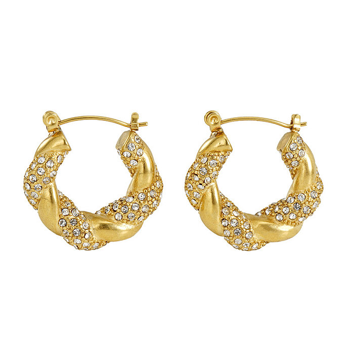 Lady Round Stainless Steel  Gold Plated Rhinestones Earrings 1 Pair