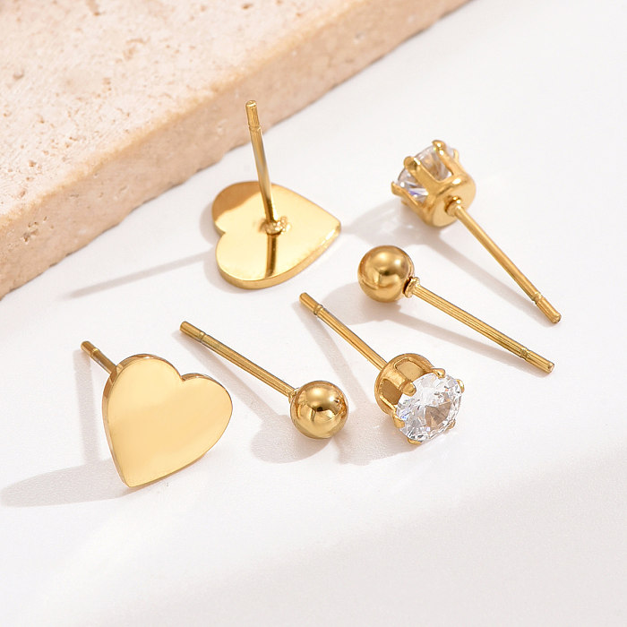 3 pares elegante estilo simples formato de coração chapeamento incrustado de aço inoxidável zircão 14K brincos banhados a ouro