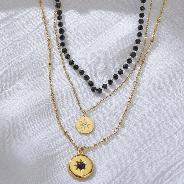 Hip-Hop-Halskette mit rundem Stern-Anhänger aus Edelstahl, geschichtete Perlen-Strasssteine ​​aus Edelstahl