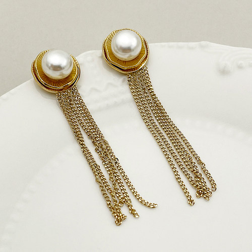 1 Paar einfache Art-Quasten-Beschichtungs-Inlay-Edelstahl-künstliche Perlen-vergoldete Tropfen-Ohrringe