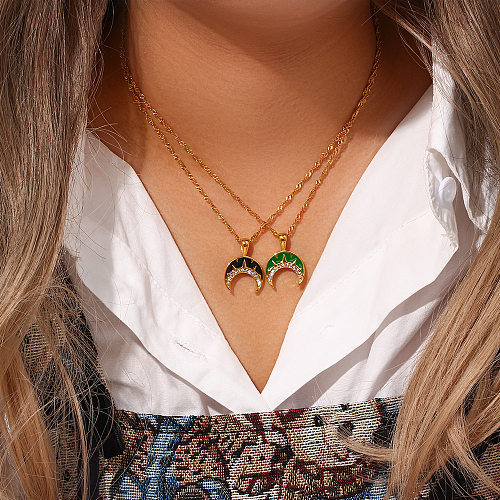Retro Geometric Moon Stainless Steel  Pendant Necklace Plating Zircon Stainless Steel  Necklaces