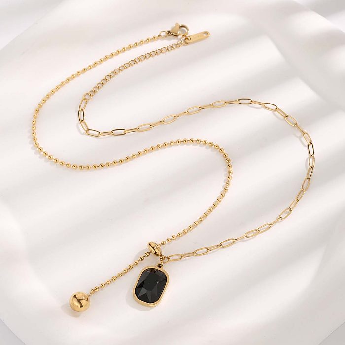 Vintage Style Luxurious Roman Style Moon Rectangle Stainless Steel Plating Inlay Resin Zircon Gold Plated Pendant Necklace