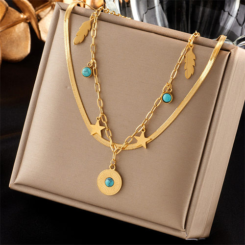 Vintage Style Pentagram Round Leaves Stainless Steel Enamel Plating Inlay Turquoise 18K Gold Plated Layered Necklaces