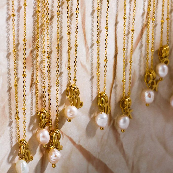Vintage-Stil, einfacher Stil, Sternbild, Edelstahl, Perlenbeschichtung, ausgehöhlt, 18 Karat vergoldet, Anhänger-Halskette