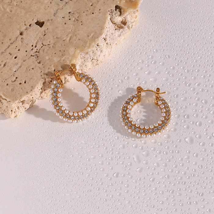 Mode geometrische Edelstahl-Inlay künstliche Perlen Zirkon Creolen 1 Paar