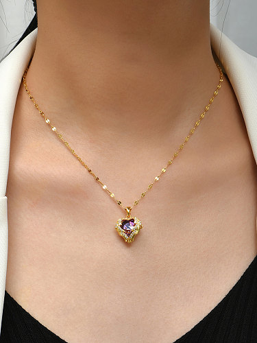 Wholesale Elegant Romantic Heart Shape Stainless Steel  18K Gold Plated Zircon Pendant Necklace