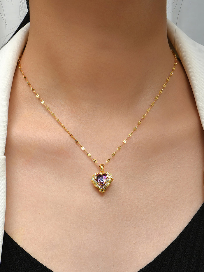 Collier avec pendentif en Zircon plaqué or 18 carats, élégant et romantique en forme de cœur, en acier inoxydable, vente en gros