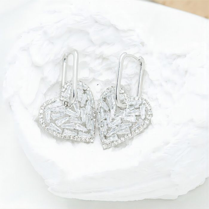 1 Pair Nordic Style Luxurious Commute Heart Shape Plating Hollow Out Inlay Stainless Steel  Zircon White Gold Plated Drop Earrings