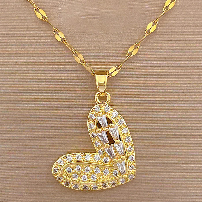Cute Heart Shape Stainless Steel Brass Inlay Artificial Gemstones Pendant Necklace