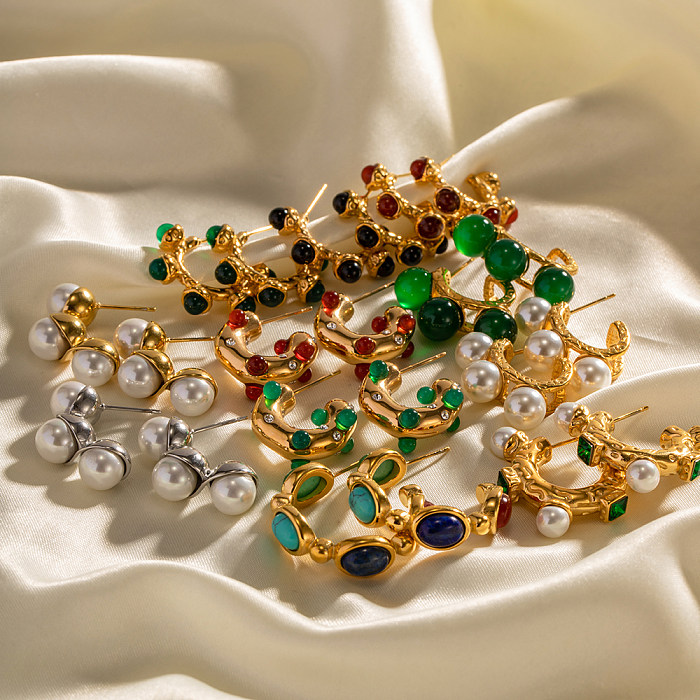 1 Paar elegante, luxuriöse C-förmige Ohrstecker aus Edelstahl mit künstlichen Perlen und Zirkon, 18 Karat vergoldet
