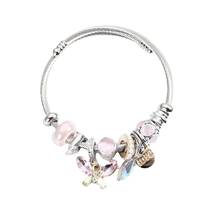 Sweet Love Butterfly Titanium Steel Plating Artificial Crystal Artificial Pearls Bangle