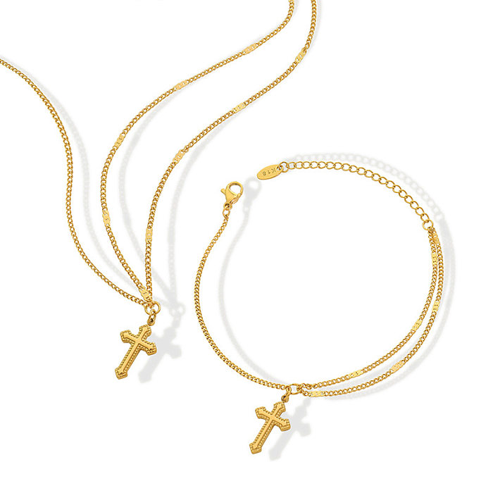 Retro Stainless Steel 18k Bracelet Necklace Set Simple Cross Alloy Jewelry