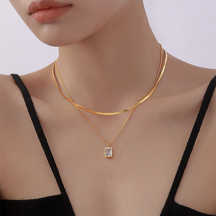 Sweet Square Stainless Steel Plating Inlay Artificial Gemstones 18K Gold Plated Layered Necklaces