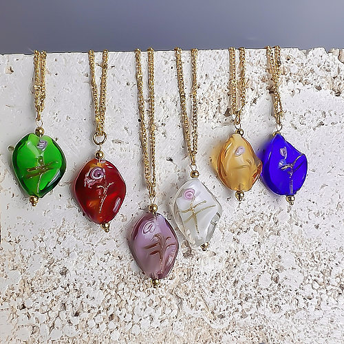 IG Style Leaf Stainless Steel  Glass Pendant Necklace In Bulk