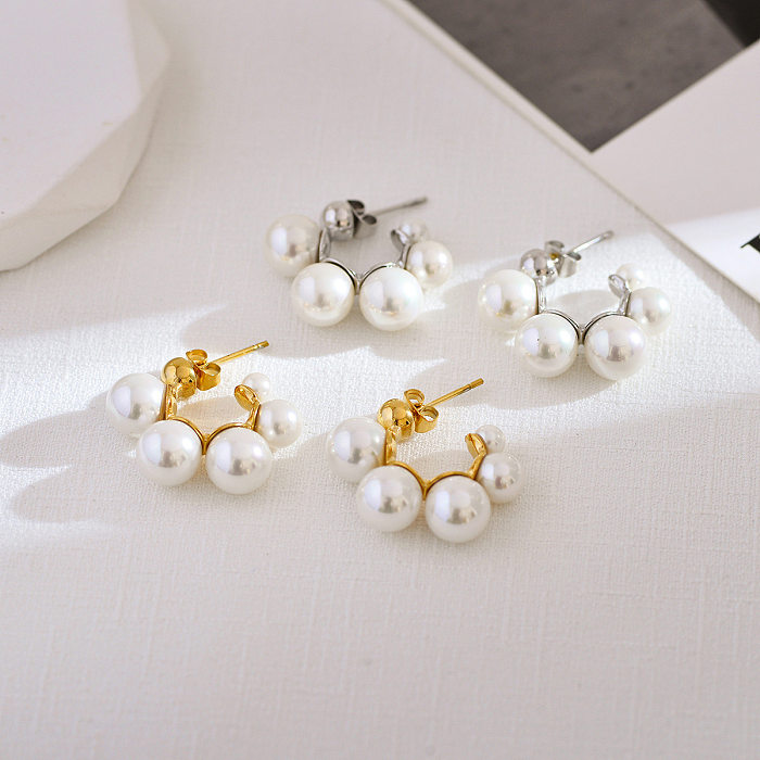 1 paire de clous d'oreilles en perles artificielles, incrustation ronde élégante et luxueuse en acier inoxydable