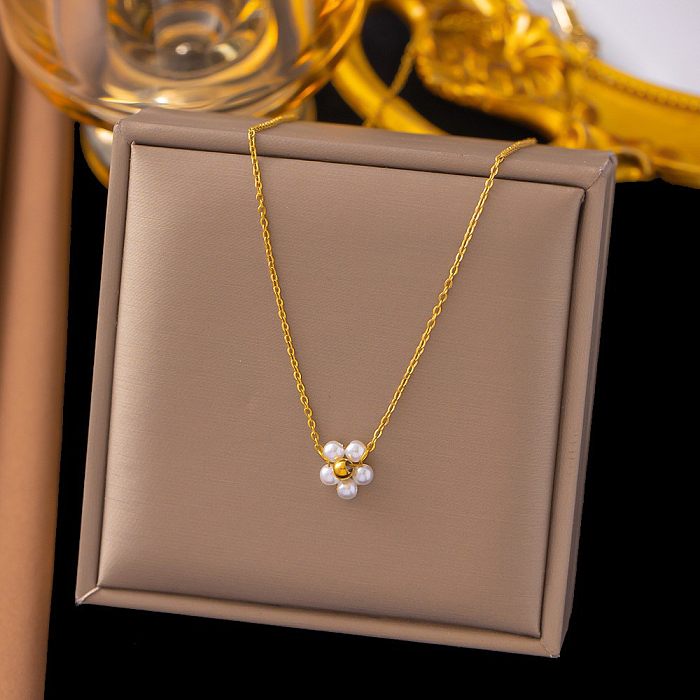 Süße Blumen-Edelstahl-Beschichtung, künstliche Perlen, künstliche Diamant-Muschel-Anhänger-Halskette