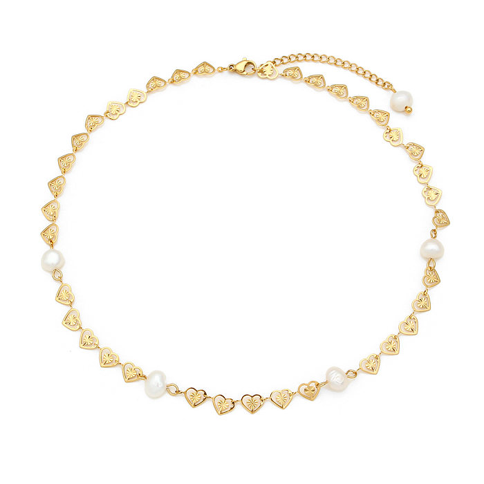 Modische herzförmige Halskette aus vergoldetem 18-Karat-Edelstahl mit vier Perlen