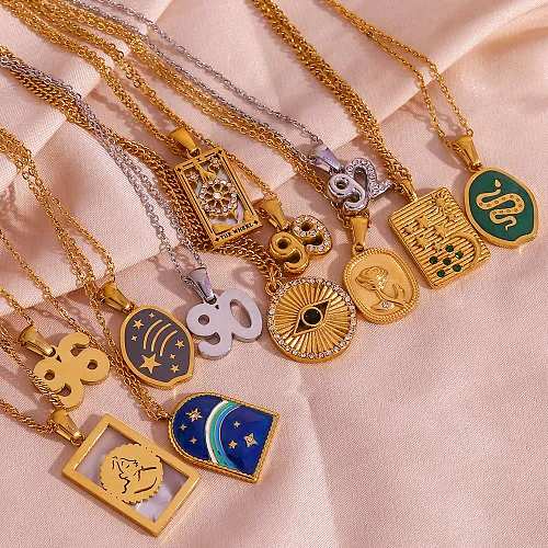 Vintage Style Classic Style Rainbow Number Snake Stainless Steel  Enamel Plating Inlay Rhinestones Shell 18K Gold Plated Pendant Necklace