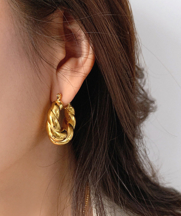 Solid Croissant Twist Cast Stainless Steel Plated 18K Gold Earrings