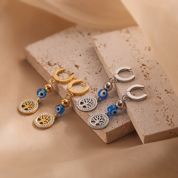 Boucles d'oreilles pendantes en acier inoxydable et Zircon, plaqué or 1 carats, Style Simple, Bc1035, incrustation d'arbre porte-bonheur, 18 paire