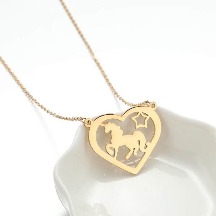 Fashion Heart Shape Unicorn Stainless Steel  Hollow Out Pendant Necklace