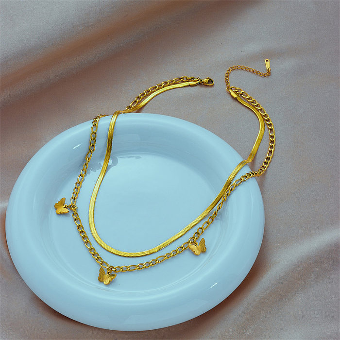 Basic Retro Butterfly Stainless Steel Plating 18K Gold Plated Layered Necklaces
