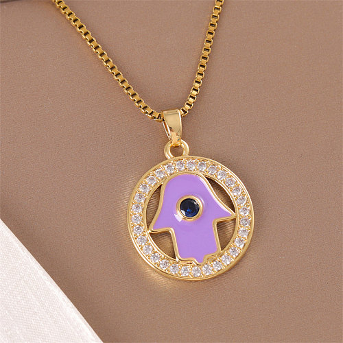 Basic Simple Style Hand Of Fatima Eye Stainless Steel  Stainless Steel Enamel Plating Inlay Zircon 18K Gold Plated Pendant Necklace