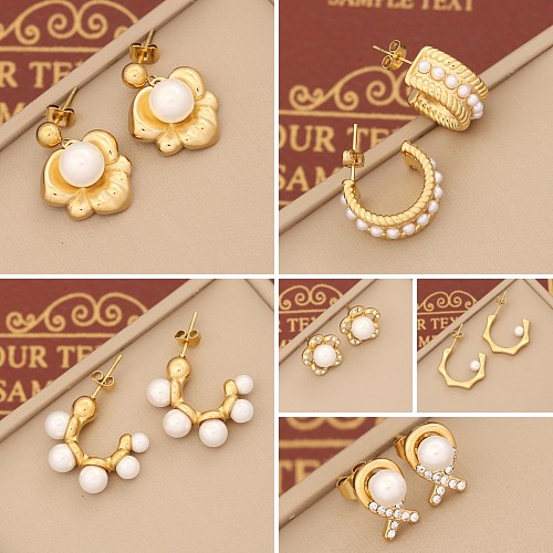 1 Paar Retro-Ohrringe mit geometrischer Beschichtung und Inlay aus Edelstahl mit künstlichen Perlen und Zirkonen