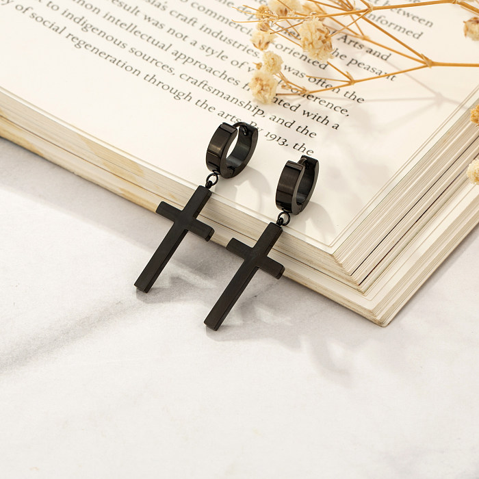 1 paire de boucles d'oreilles en acier inoxydable plaqué or et noir, Style Simple et classique, plaqué croix