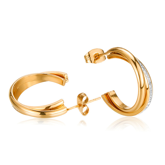 1 par feminino estilo simples comutar chapeamento geométrico embutido strass de aço inoxidável banhado a ouro brincos