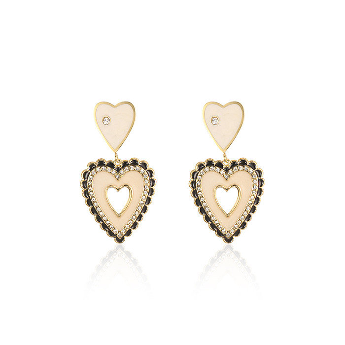 1 paire de boucles d'oreilles pendantes en forme de cœur, Style Vintage, incrustation en acier inoxydable, Zircon plaqué or 18 carats