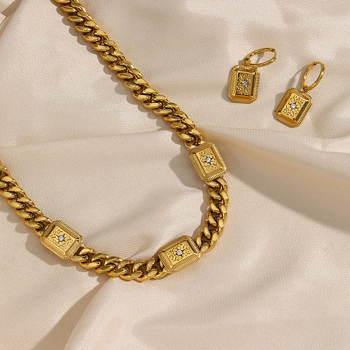 Moda alças grossas de aço inoxidável ornamento retro detalhe padrão zircão três pingente corrente colar