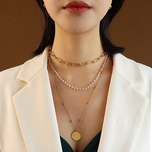 Modische dreilagige Halskette aus Edelstahl mit geometrischem Muster