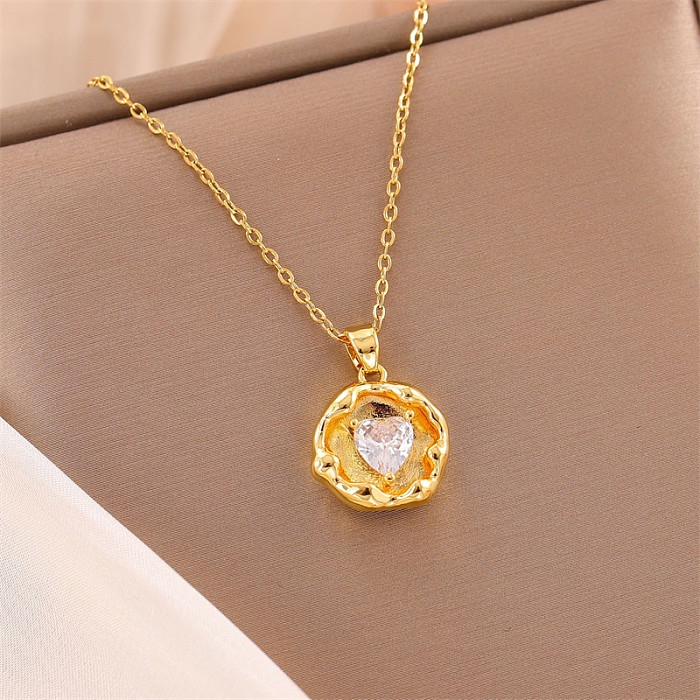 Süße runde, ovale, herzförmige Halskette mit Edelstahlüberzug und Inlay aus künstlichem Diamant mit 18 Karat vergoldetem Anhänger