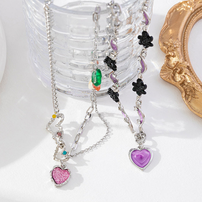 IG Style Nordic Style Baroque Style Heart Shape Flower Stainless Steel  Inlay Artificial Gemstones Necklace