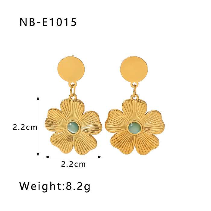 1 Paar Tropfenohrringe im Vintage-Stil mit Blumenbeschichtung, Inlay aus Edelstahl und Naturstein, 18 Karat vergoldet